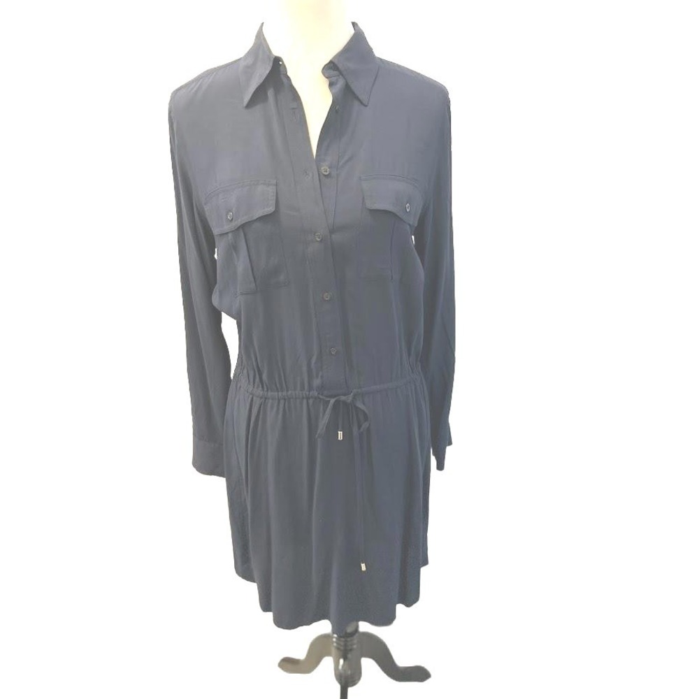 Lauren Ralph Lauren Navy Blue Viscose Shirt Dress Drawstring Waist Size 8